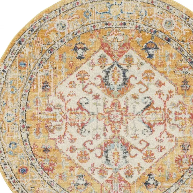 5' Yellow And Ivory Floral Medallion Round Rug