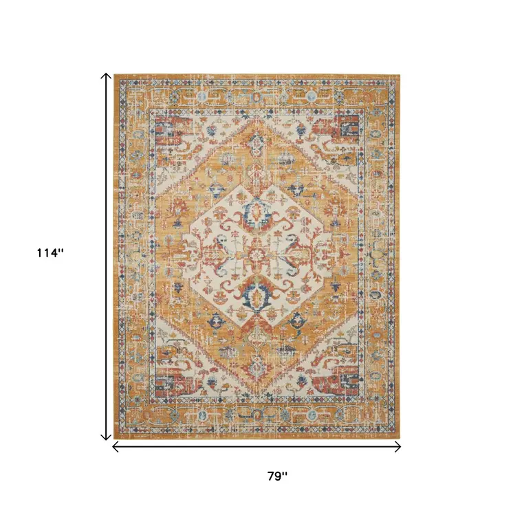 7' X 10' Yellow And Ivory Medallion Area Rug