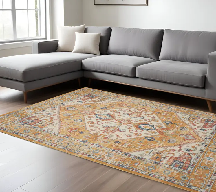 8' X 10' Yellow And Ivory Medallion Area Rug