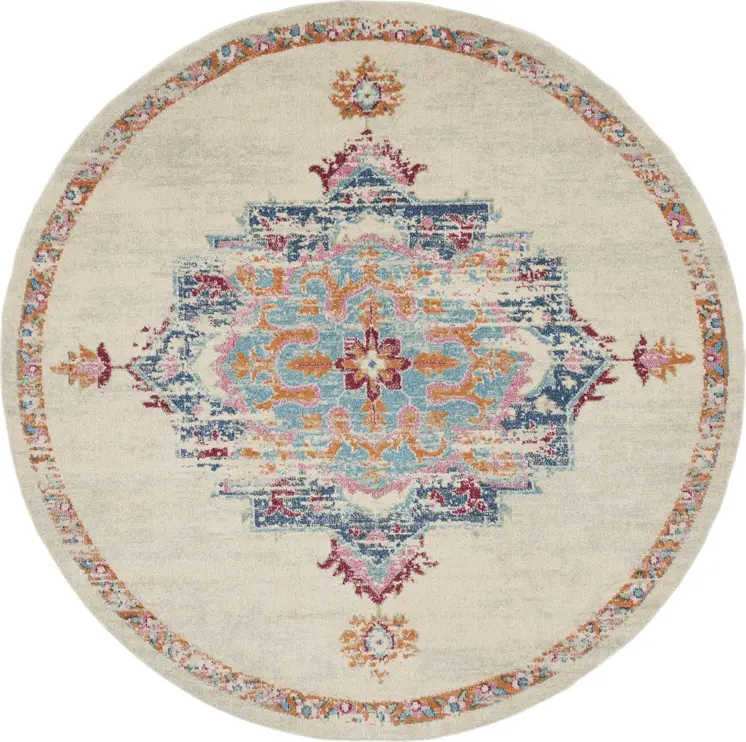 8' Gray And Ivory Medallion Distressed Round Rug