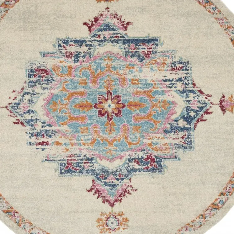 8' Gray And Ivory Medallion Distressed Round Rug