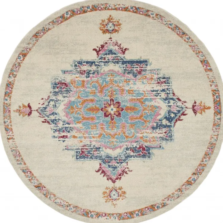 8' Gray And Ivory Medallion Distressed Round Rug
