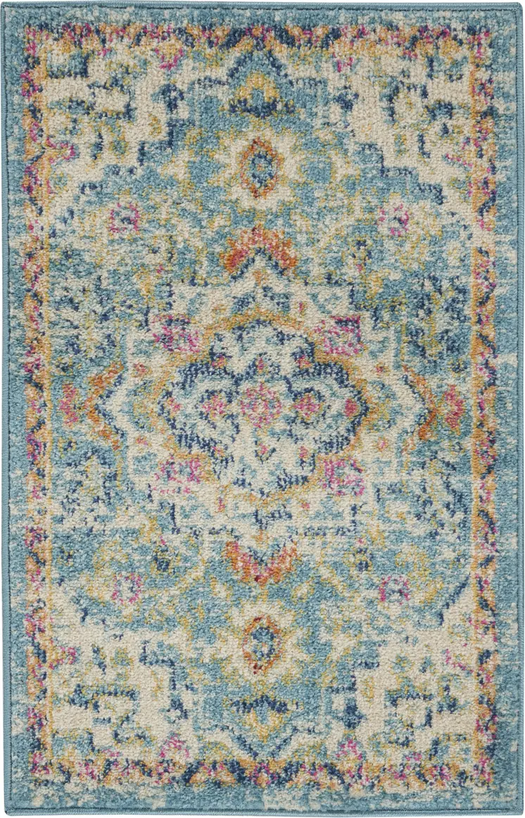 2' X 3' Ivory And Blue Oriental Distressed Area Rug