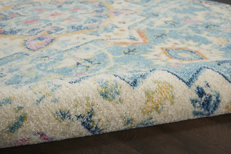 8' Ivory And Blue Oriental Distressed Runner Rug