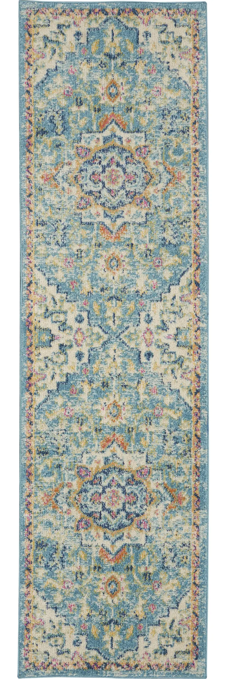 8' Ivory And Blue Oriental Distressed Runner Rug
