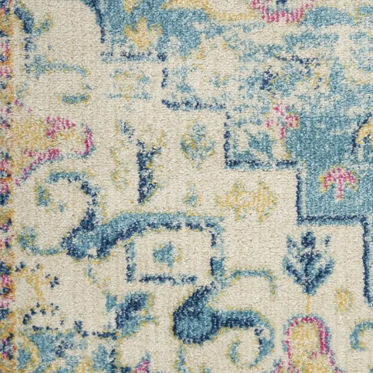 8' Ivory And Blue Oriental Distressed Runner Rug