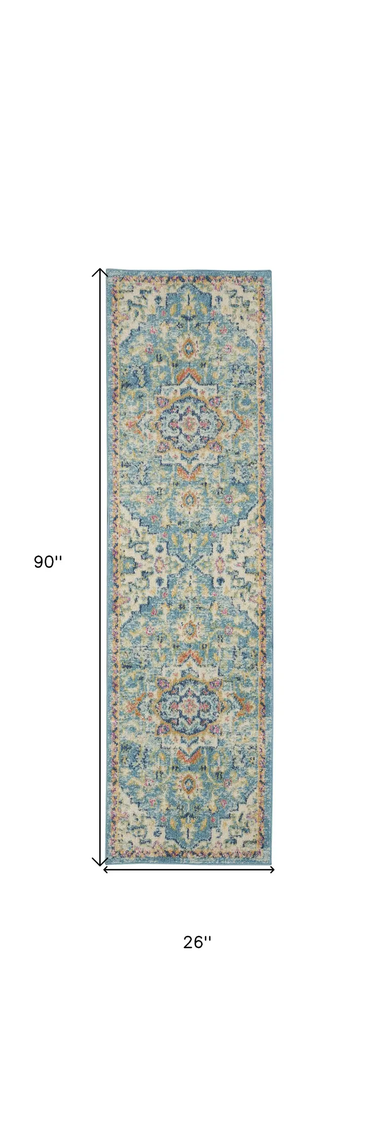 8' Ivory And Blue Oriental Distressed Runner Rug