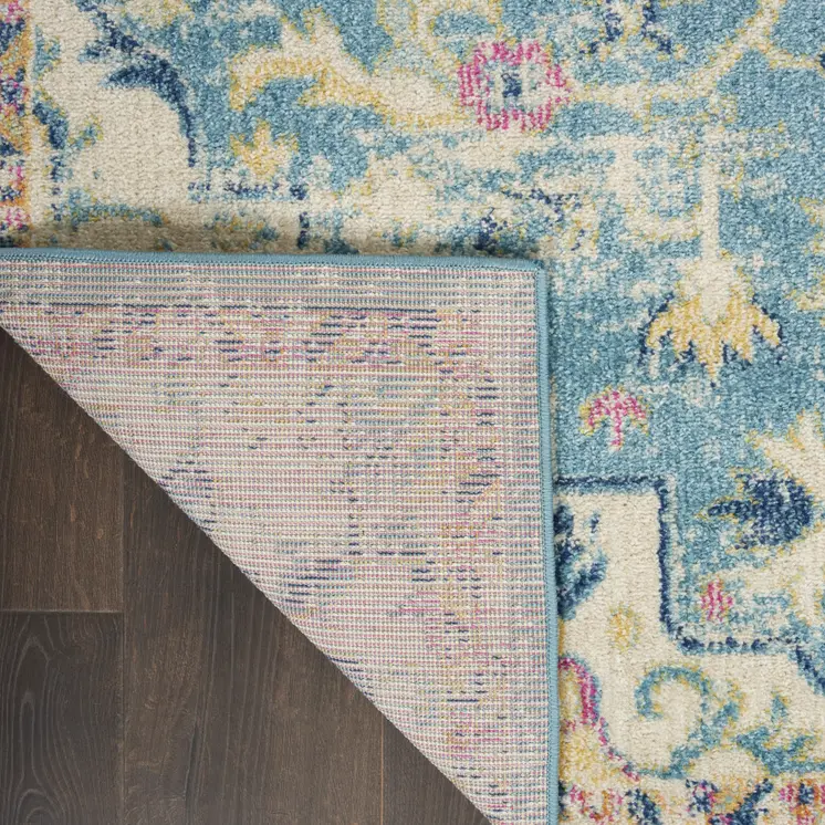 8' Ivory And Blue Oriental Distressed Runner Rug