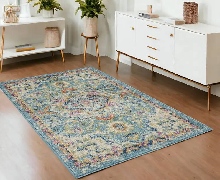 4' X 6' Ivory And Blue Oriental Distressed Area Rug