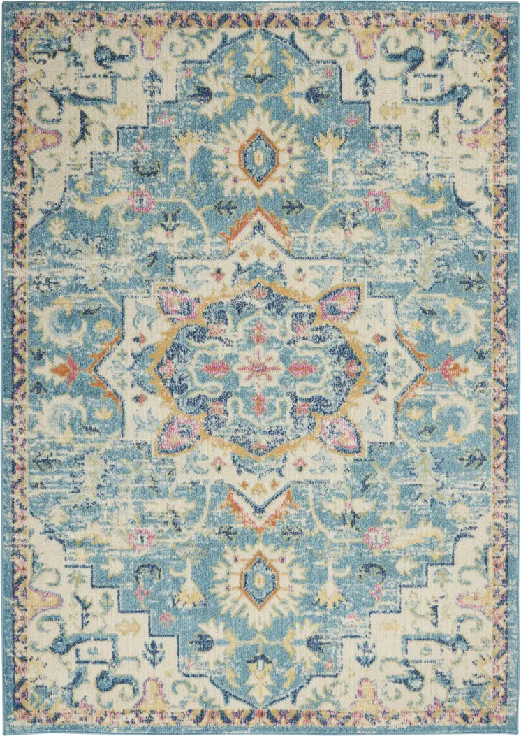 5' X 7' Ivory And Blue Oriental Distressed Area Rug