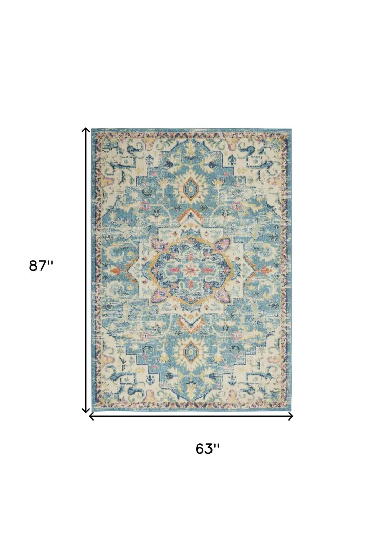 5' X 7' Ivory And Blue Oriental Distressed Area Rug