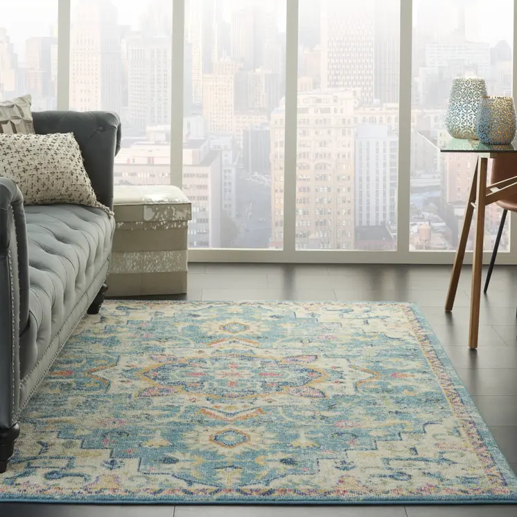 5' X 7' Ivory And Blue Oriental Distressed Area Rug