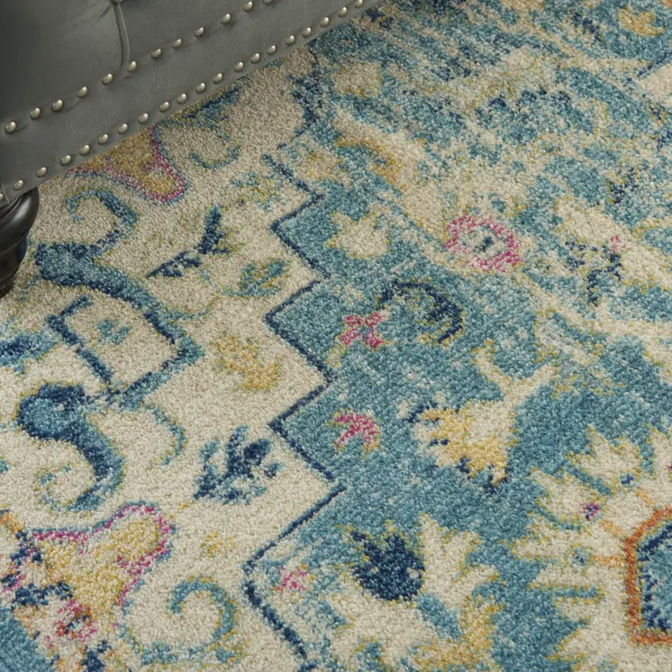 5' X 7' Ivory And Blue Oriental Distressed Area Rug
