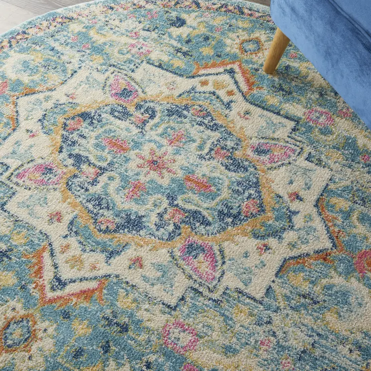 5' Ivory And Blue Oriental Distressed Round Rug