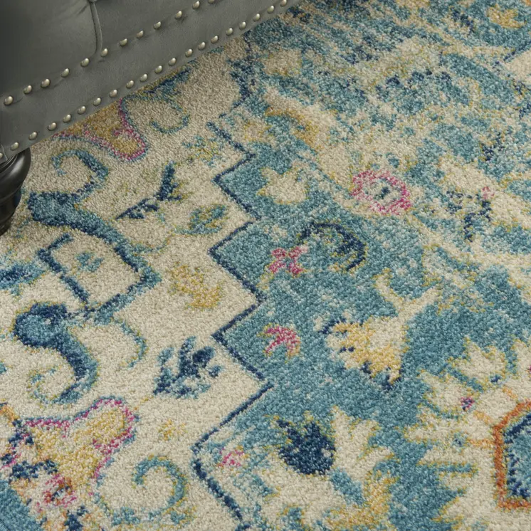 7' X 10' Ivory And Turquoise Oriental Distressed Area Rug