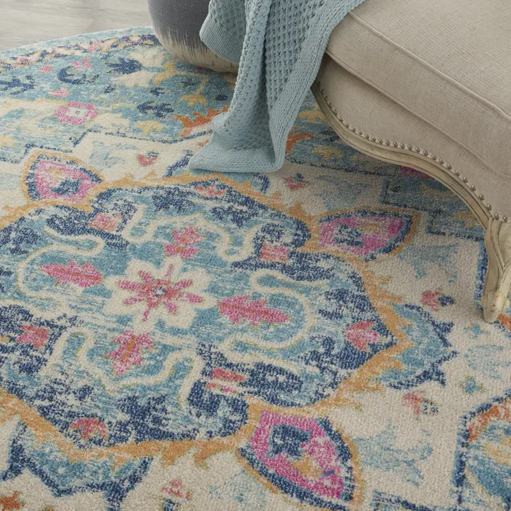 8' Ivory And Blue Oriental Distressed Round Rug