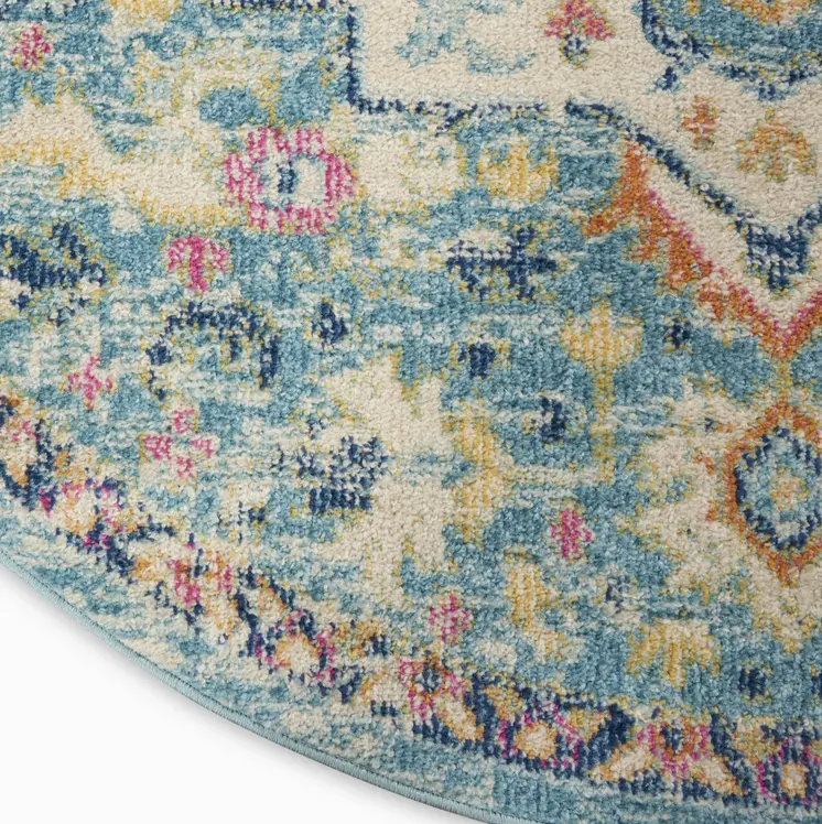 8' Ivory And Blue Oriental Distressed Round Rug