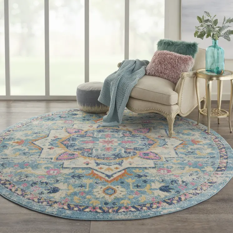 8' Ivory And Blue Oriental Distressed Round Rug