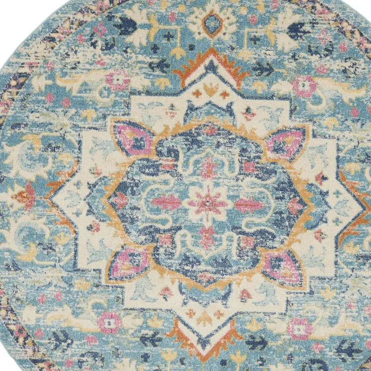8' Ivory And Blue Oriental Distressed Round Rug