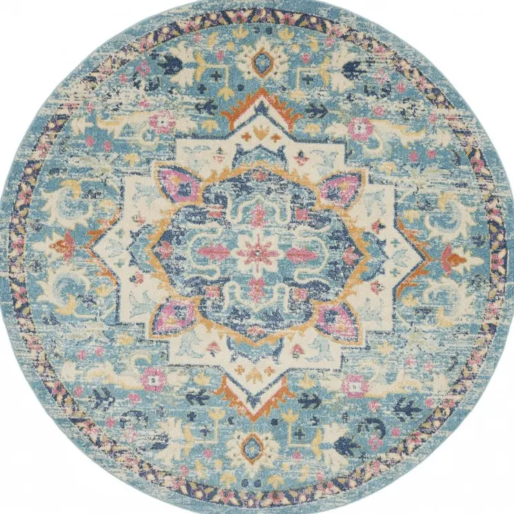 8' Ivory And Blue Oriental Distressed Round Rug