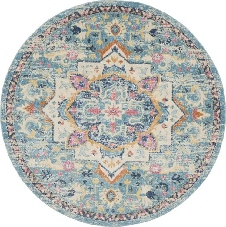8' Ivory And Blue Oriental Distressed Round Rug