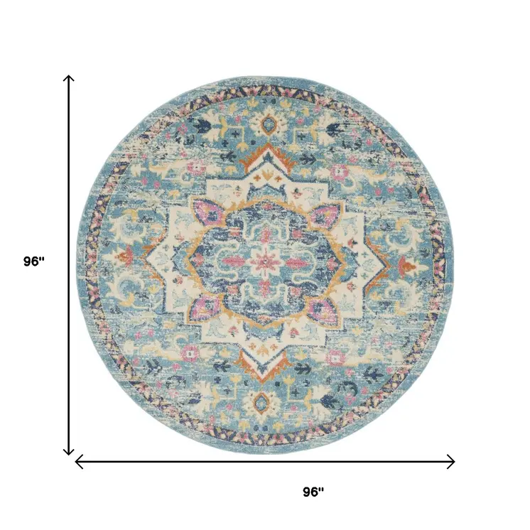 8' Ivory And Blue Oriental Distressed Round Rug