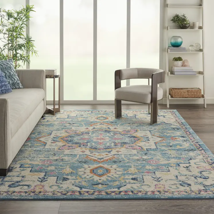 8' X 10' Ivory And Blue Oriental Distressed Area Rug