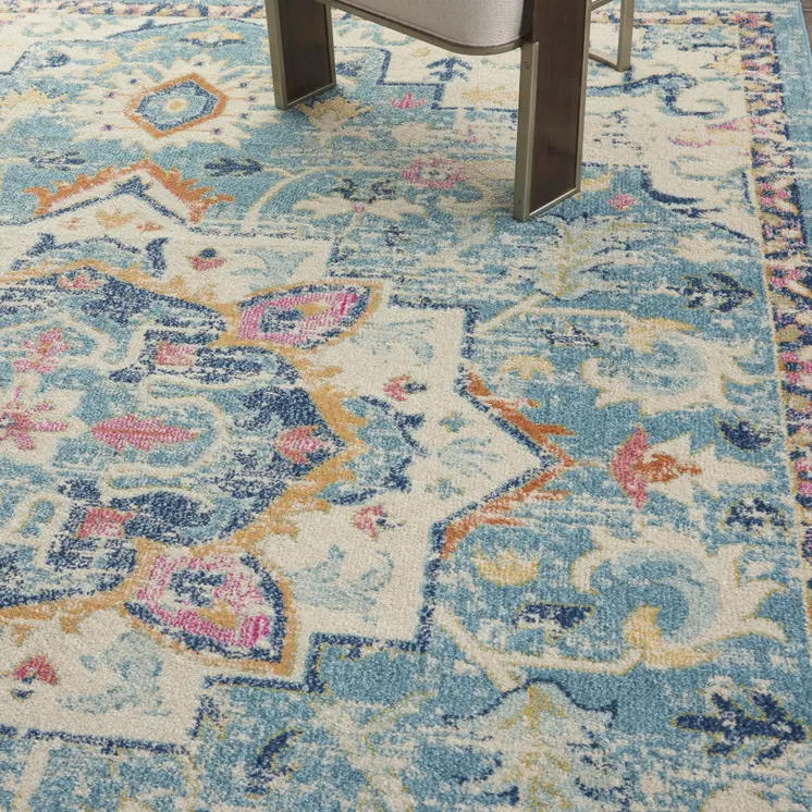 8' X 10' Ivory And Blue Oriental Distressed Area Rug