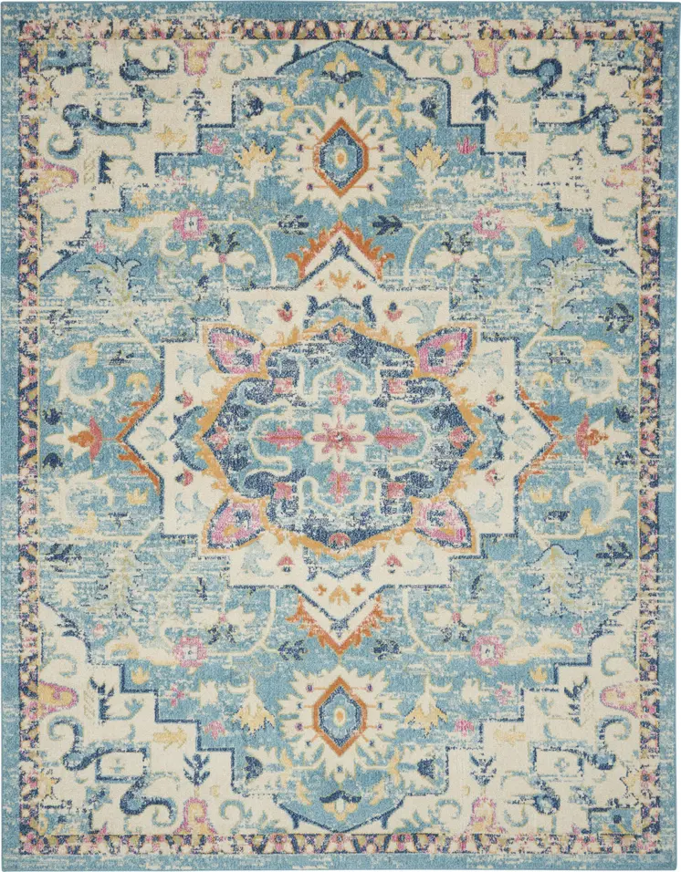 8' X 10' Ivory And Blue Oriental Distressed Area Rug