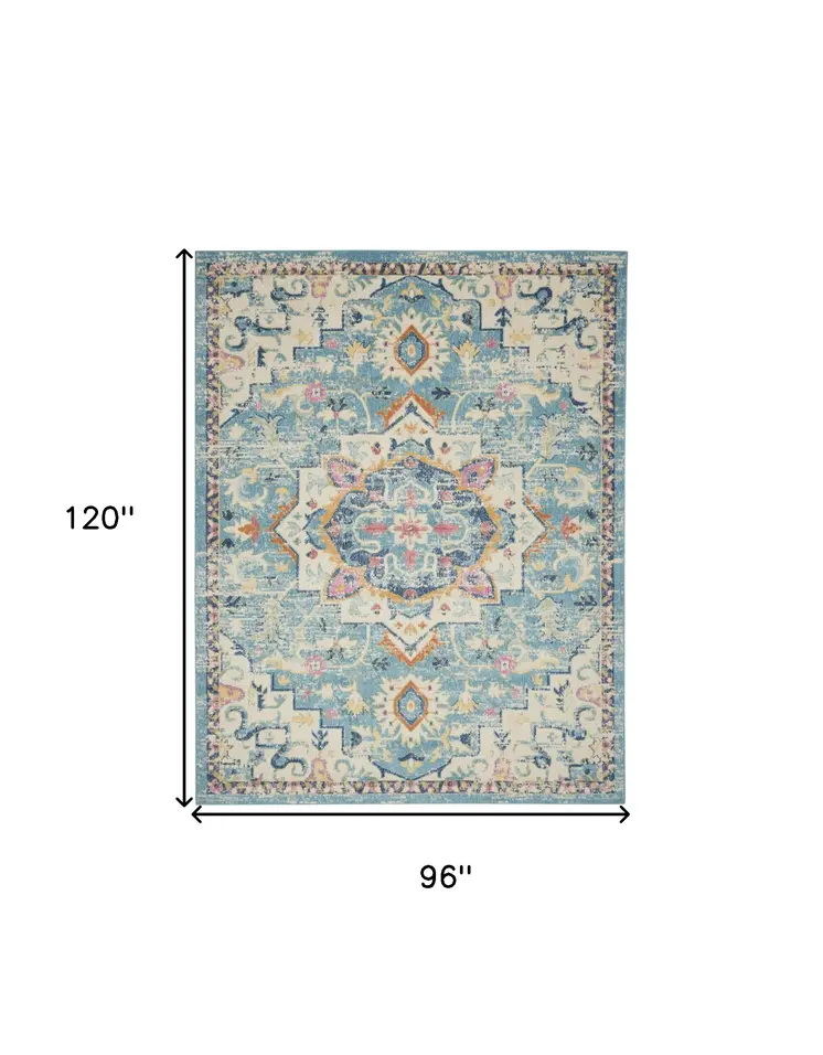 8' X 10' Ivory And Blue Oriental Distressed Area Rug