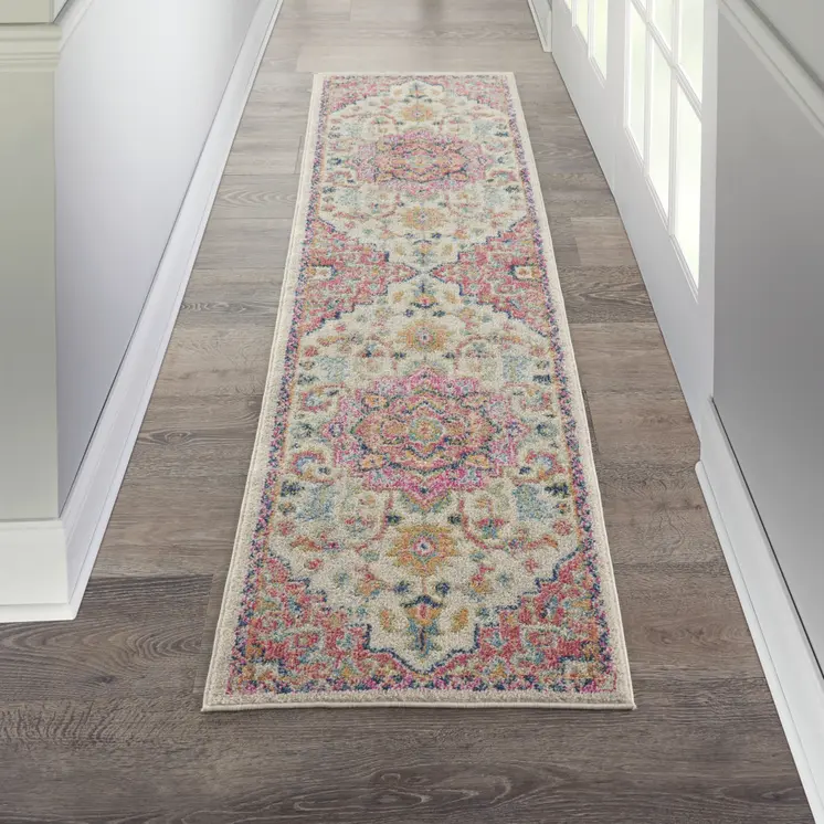6' Pink And Ivory Southwestern Distressed Runner Rug