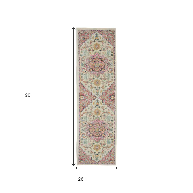 8' Pink And Ivory Southwestern Distressed Runner Rug