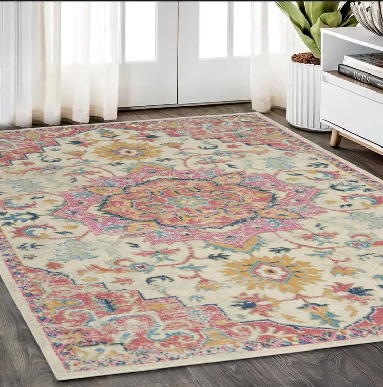 5' X 7' Pink And Ivory Southwestern Distressed Area Rug