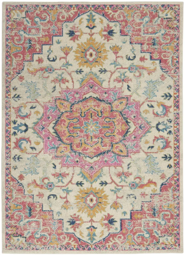 5' X 7' Pink And Ivory Southwestern Distressed Area Rug