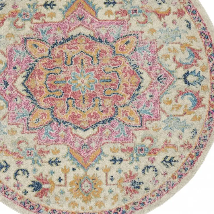 5' Pink And Ivory Southwestern Distressed Round Rug