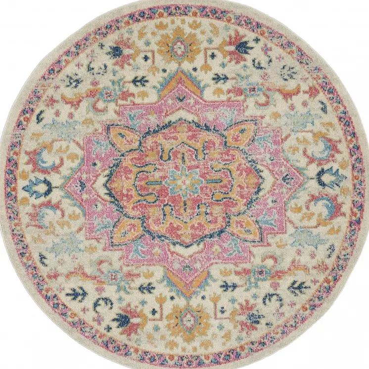 5' Pink And Ivory Southwestern Distressed Round Rug