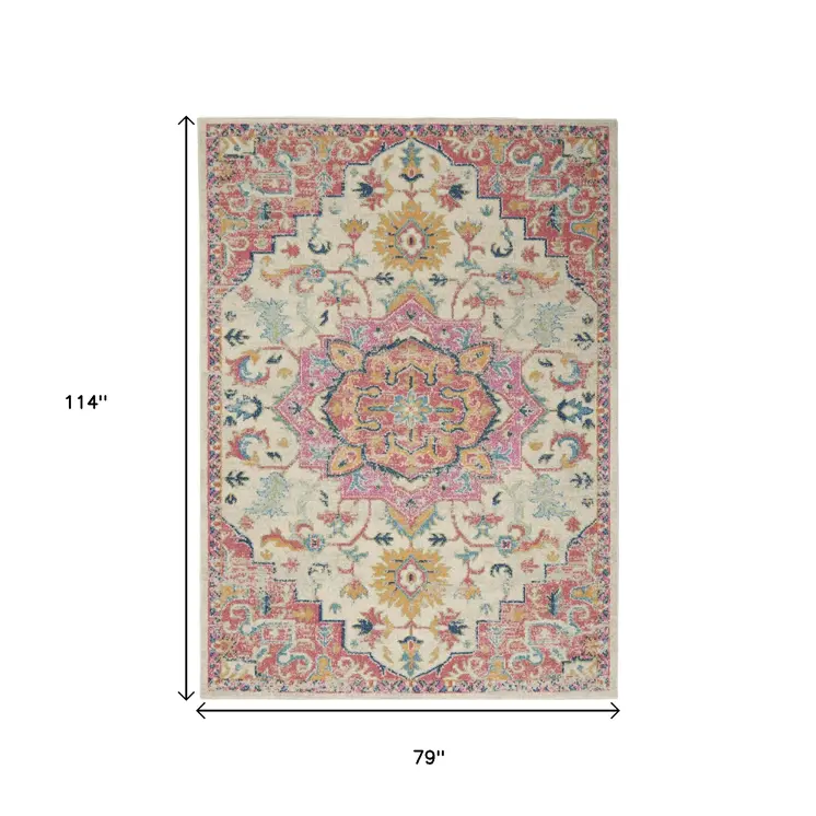 7' X 10' Pink And Ivory Southwestern Distressed Area Rug