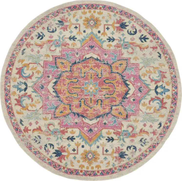 8' Pink And Ivory Southwestern Distressed Round Rug