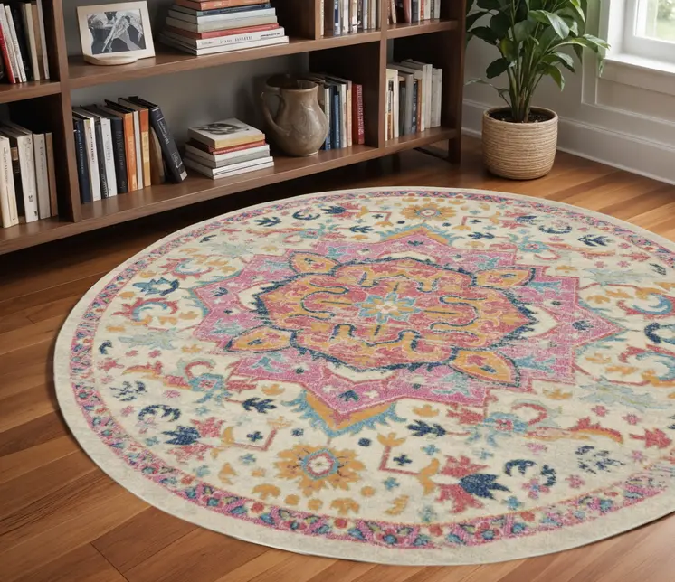8' Pink And Ivory Southwestern Distressed Round Rug