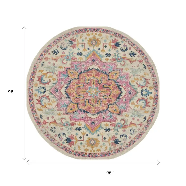 8' Pink And Ivory Southwestern Distressed Round Rug