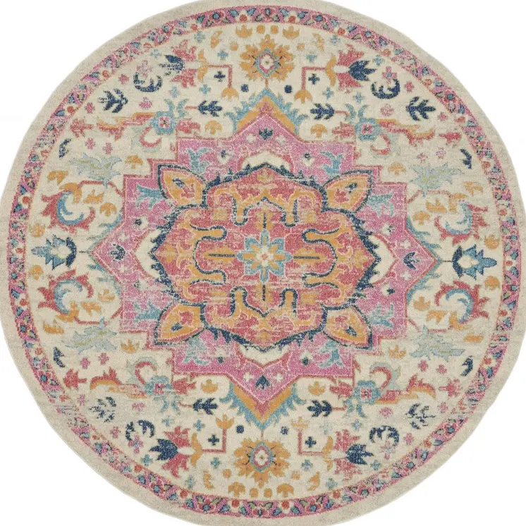 8' Pink And Ivory Southwestern Distressed Round Rug