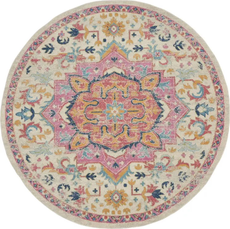 8' Pink And Ivory Southwestern Distressed Round Rug