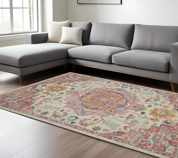 8' X 10' Pink And Ivory Southwestern Distressed Area Rug