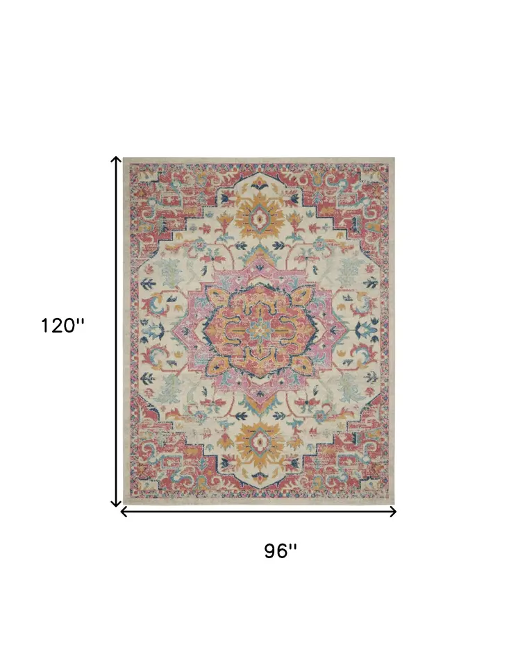 8' X 10' Pink And Ivory Southwestern Distressed Area Rug