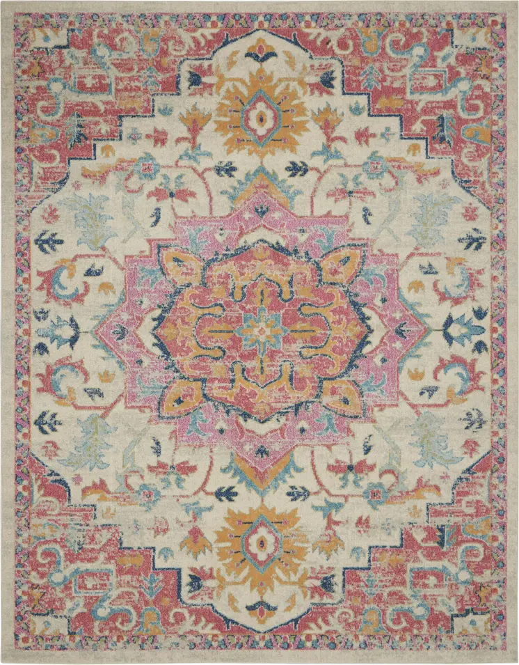 8' X 10' Pink And Ivory Southwestern Distressed Area Rug