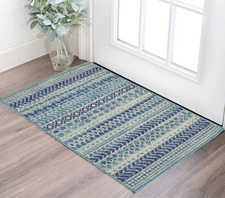 2' X 3' Blue And Ivory Striped Area Rug