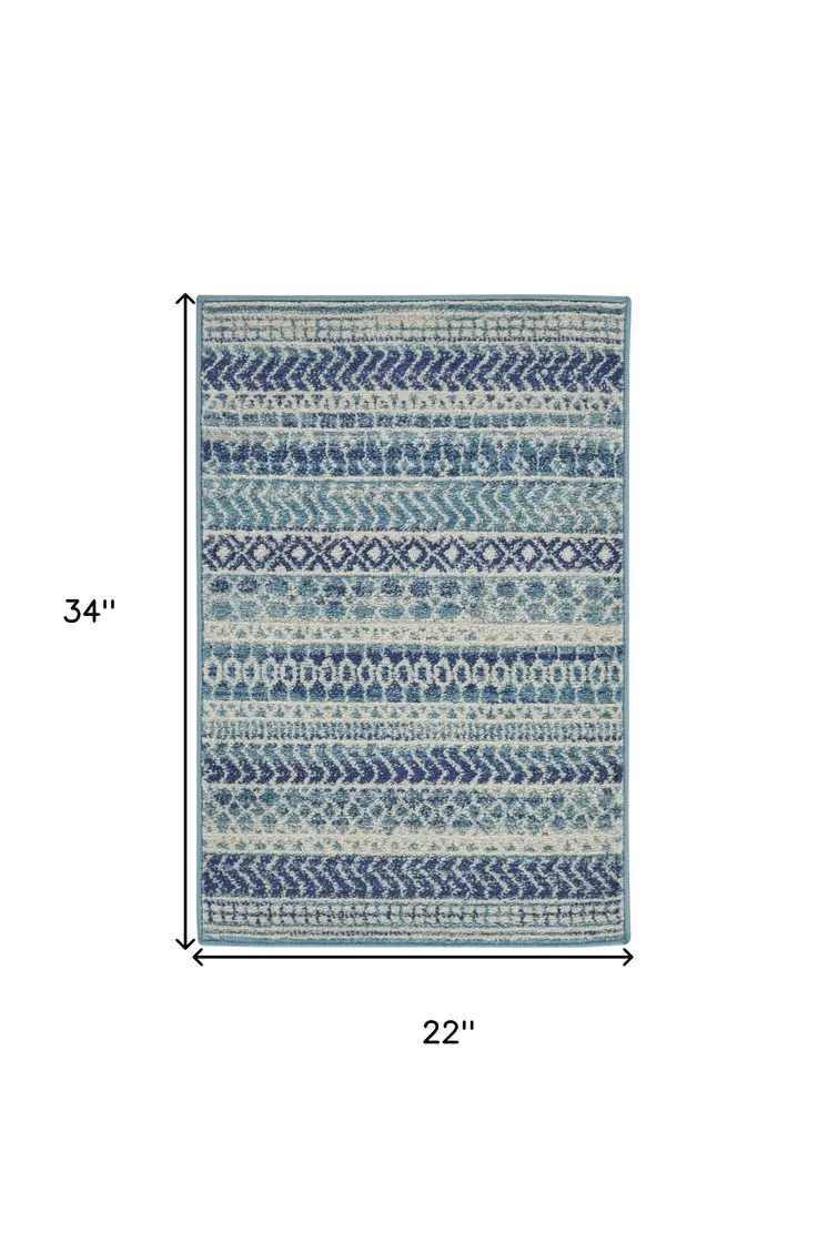 2' X 3' Blue And Ivory Striped Area Rug