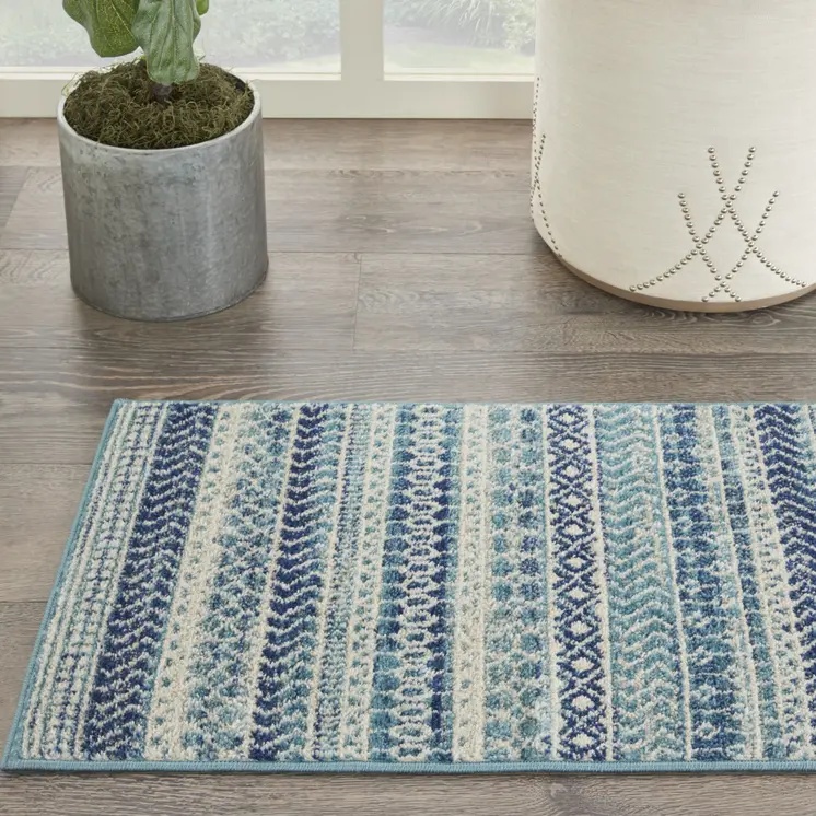 2' X 3' Blue And Ivory Striped Area Rug