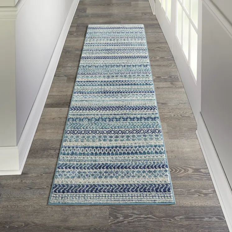 8' Navy Blue And Ivory Southwestern Runner Rug