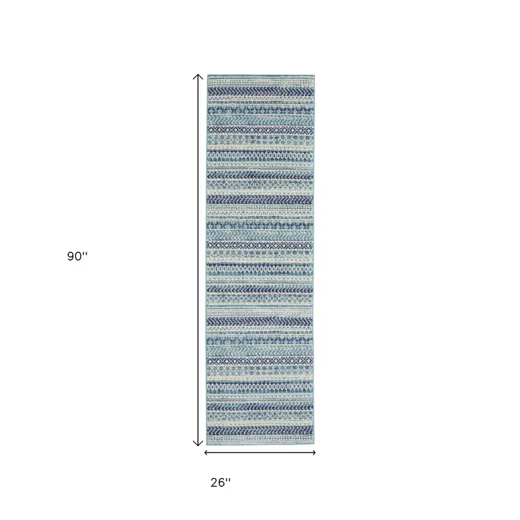 8' Navy Blue And Ivory Southwestern Runner Rug